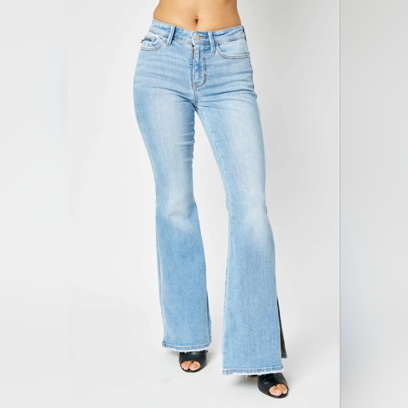 Retro Mid-rise Split Bell Bottom Flare Leg Raw Hem Skinny Jean Pants Judy Blue - Picture 7 of 10